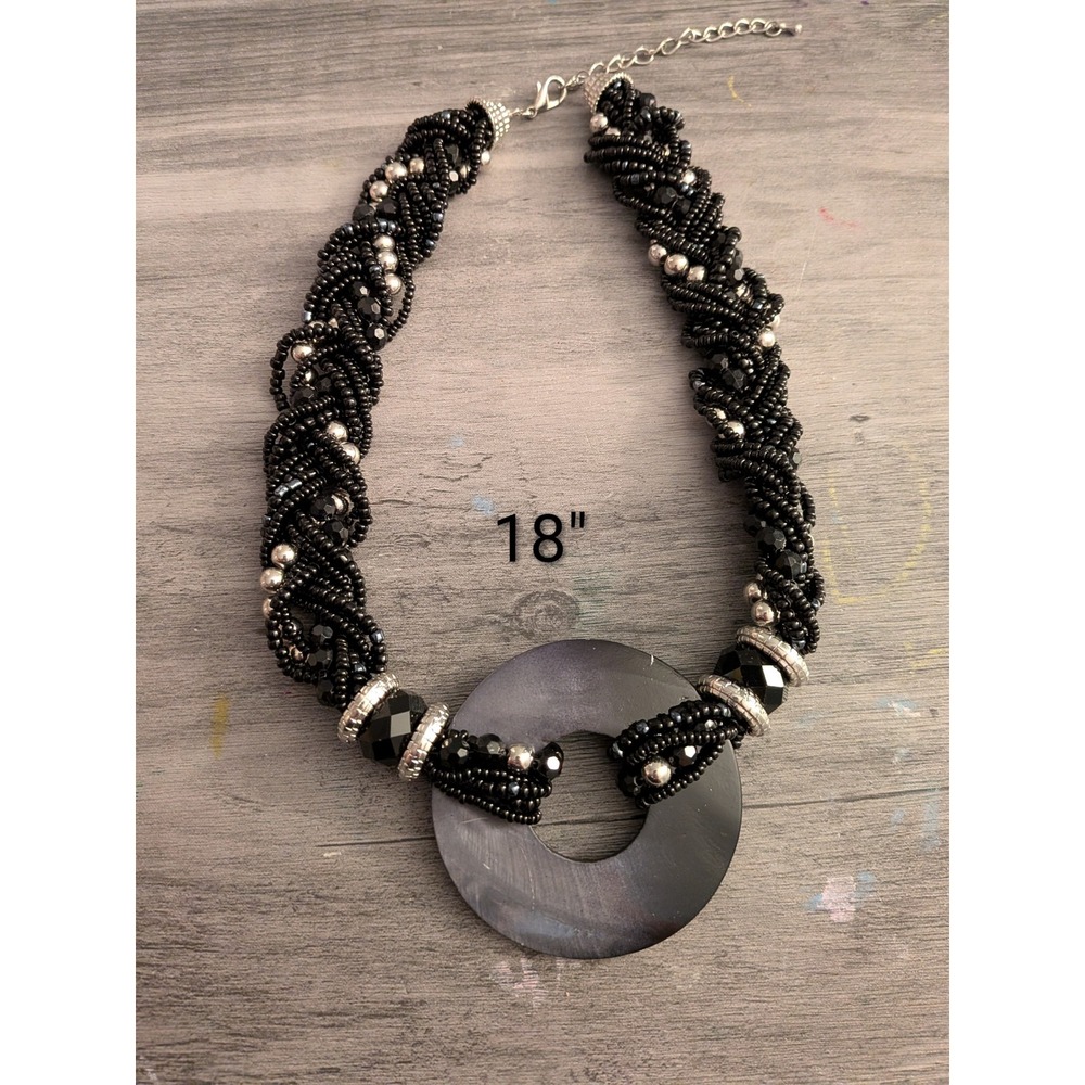 Handmade Black Braided Seed Bead Necklace Silver Shell‎ Ring Pendant 18"